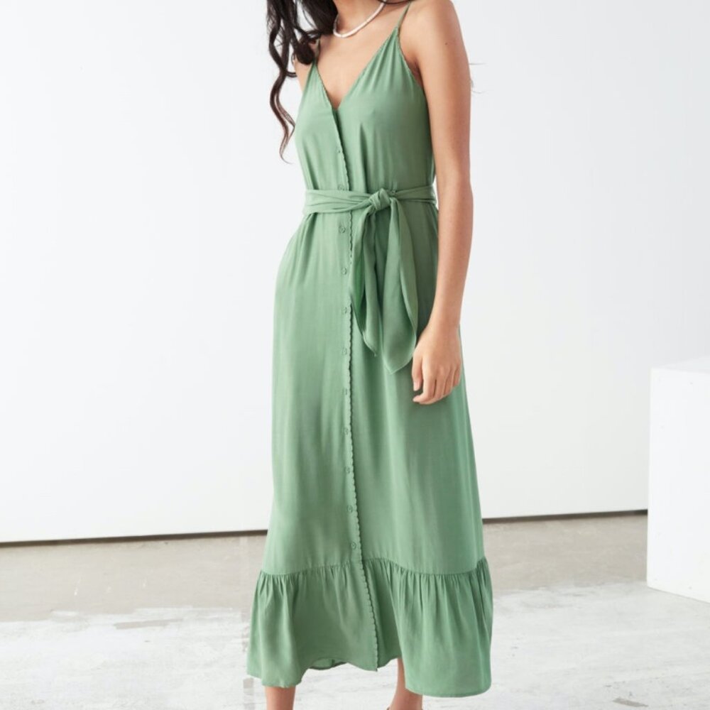 & Other Stories Belted Button Up Midi Dress in Green